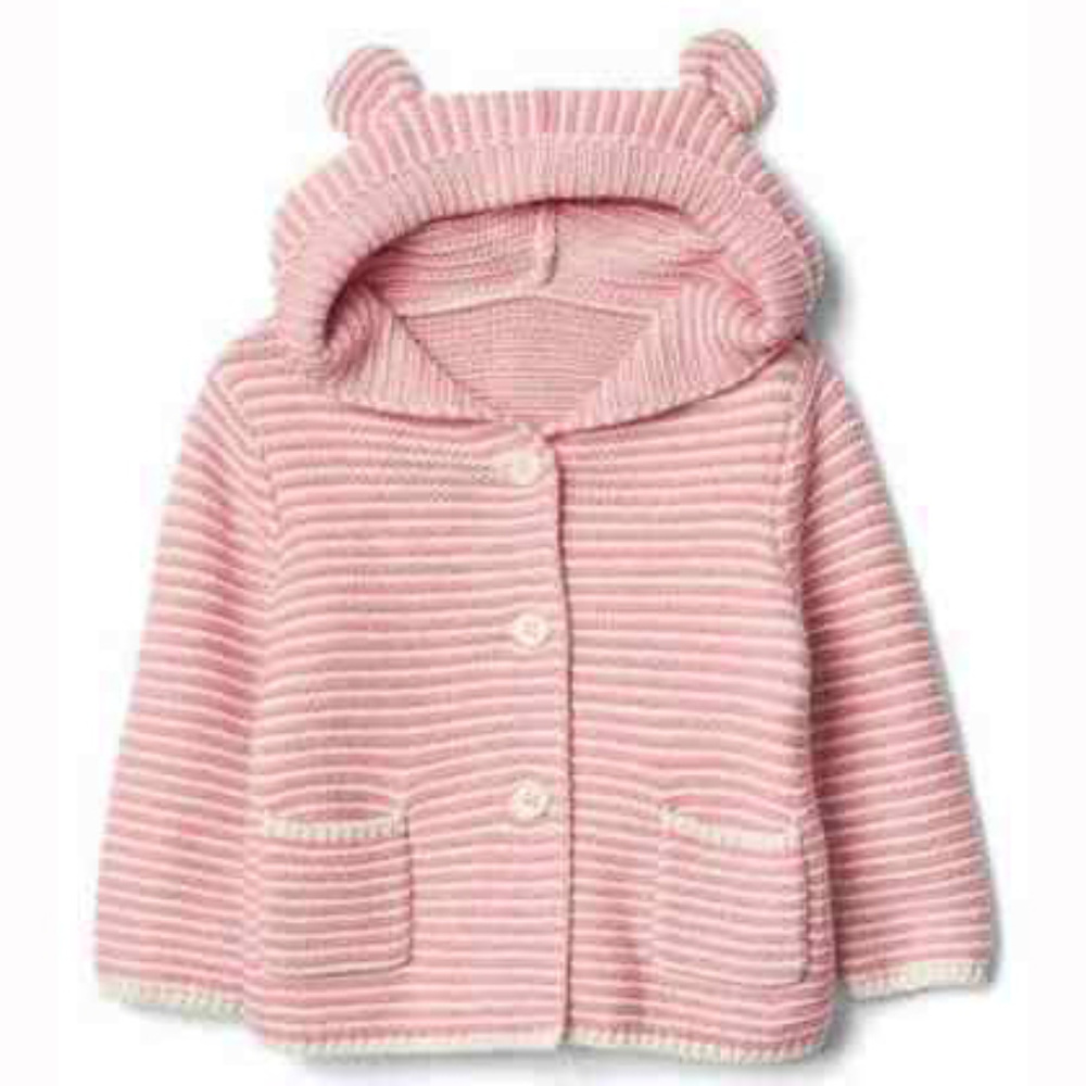 Baby Gap Factory NWT Pink White Stripe Bear Hoody Cardigan 0-3 Months